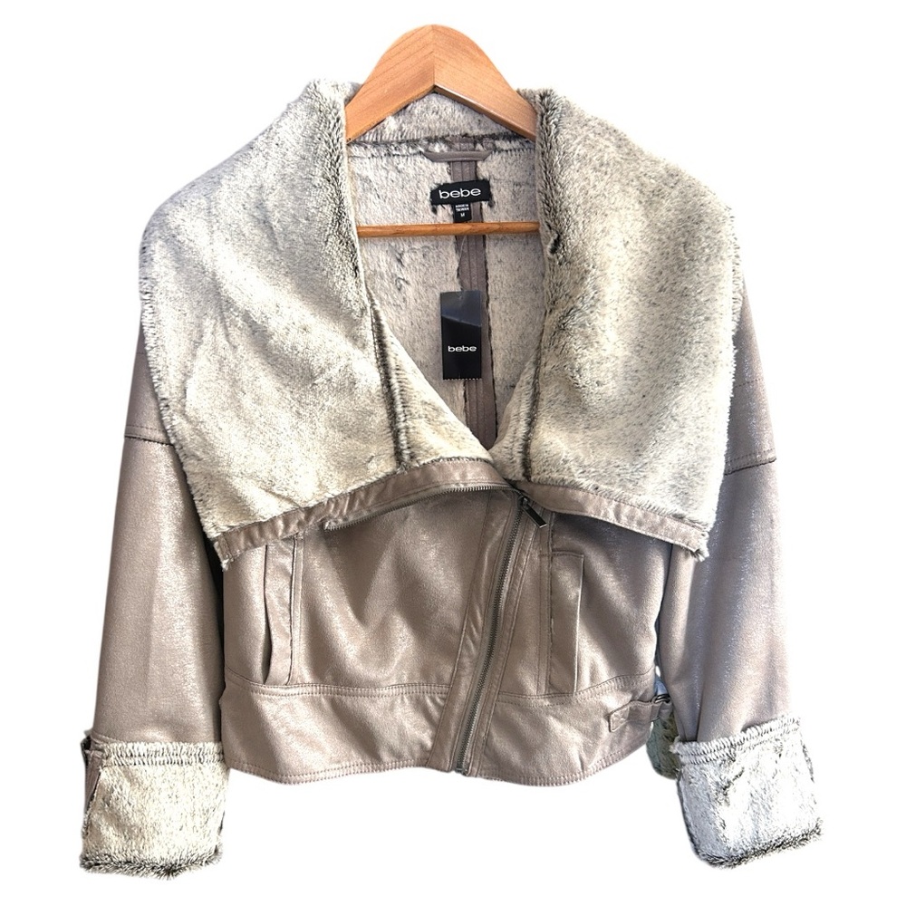 Bebe Cracked Faux Suede Fur-Lined Jacket – Silver Shimmer Moto Style – Medium‎